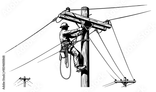Electrician Lineman Climbing Wooden Pole to Repair Power Lines Vector Illustration