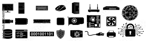 Computer Hardware Networking and Cybersecurity Icons Set