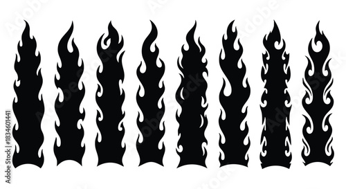 Collection of black flame silhouettes on a white background for graphic design projects and decorative vector elements