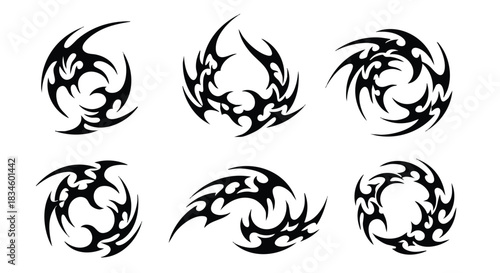 Dynamic black tribal tattoo design collection presented on a clean white background suitable for custom body art and graphic element usage