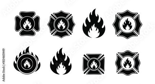 Fire department and flame symbols on a plain white background for safety design and emergency service graphics