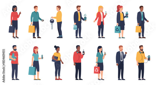 A collection of diverse individuals holding everyday items and shopping bags against a plain white background for illustrative vector design needs