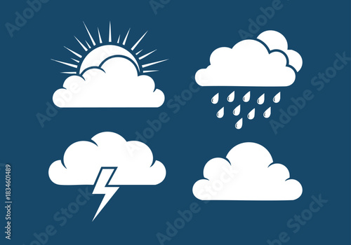 Flat Design Weather Forecast Icons with Sun Rain Thunder and Cloud on a Dark Blue Background Vector Illustration