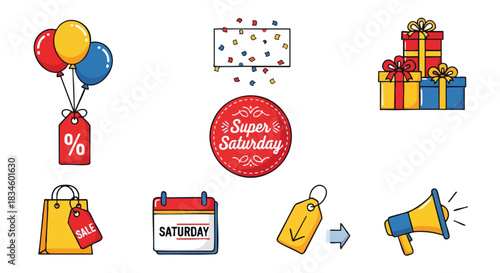 A collection of colorful retail promotion icons on a white background for marketing and e-commerce design