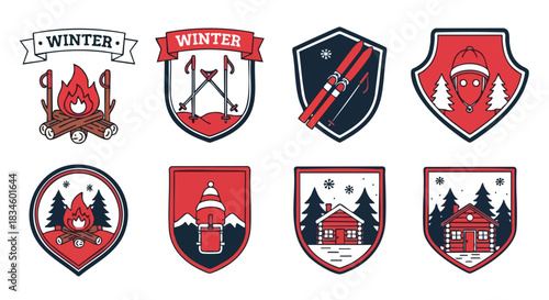Winter sports and outdoor leisure activity badges collection for seasonal design assets