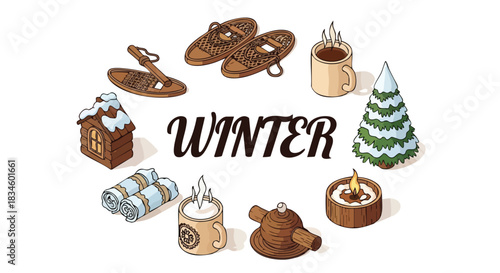 Winter season elements and cozy items arranged in a circle on white background for holiday design illustration
