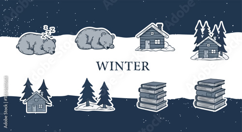 Winter season elements illustration set depicting sleeping bears and snowy cabins in a tranquil night scene for seasonal graphic design