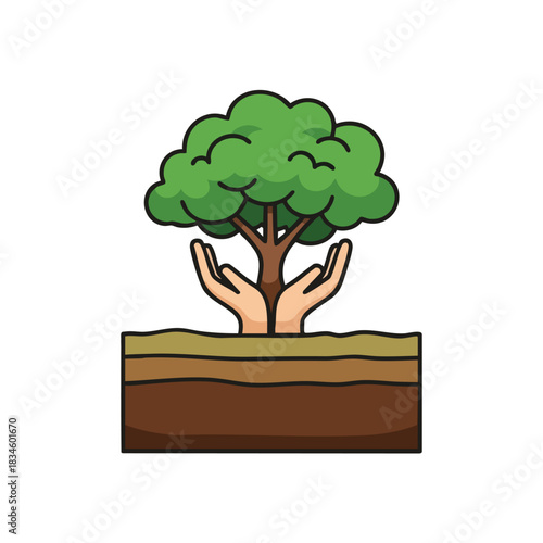 Human hands nurturing a vibrant green tree emerging from layered soil earth illustrating environmental preservation efforts and growth