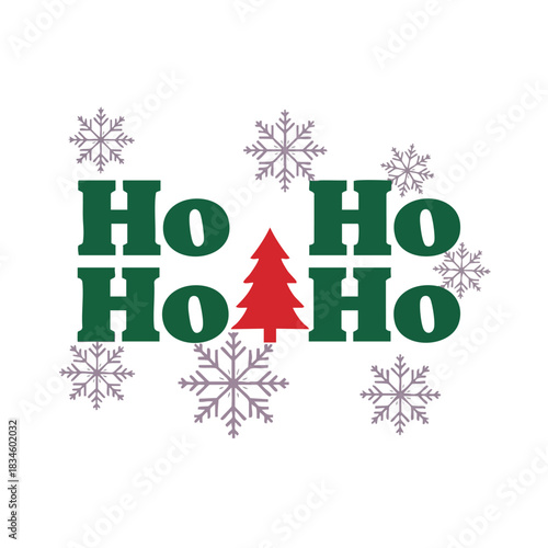 Christmas Ho Ho Ho text with snowflakes and tree on a clean white background for festive seasonal greeting designs