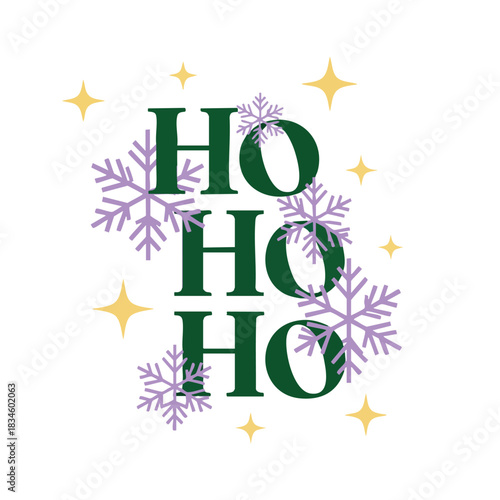 Festive holiday greeting with green text purple snowflakes and yellow stars on white background for seasonal graphic design