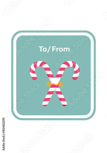Crossed candy canes on a teal background with text for a festive holiday gift tag design a cheerful seasonal graphic for present labeling