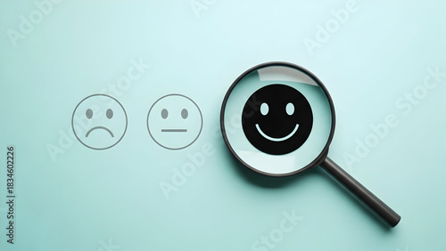 Analyzing customer feedback with a magnifying glass to focus on positive reviews and improve satisfaction for business success and growth strategy.