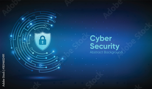Cyber Security Network. Glowing Shield and Circuit Board Protection Abstract Background