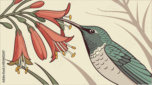 Hummingbird feeding on red tubular flowers with a branch and light background in illustration