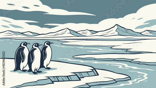 Three penguins standing on ice in a polar landscape with mountains and clouds in the background scene