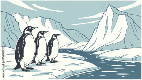 Three penguins standing on ice near water with mountains in the background in a cold environment