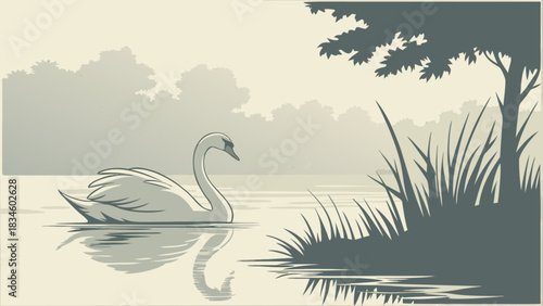 A serene scene featuring a swan gracefully gliding on water near trees and tall grass in a tranquil setting