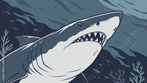 Illustration of a great white shark swimming underwater with seaweed and ocean background view