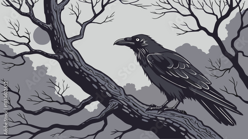A raven perched on a gnarled branch with bare trees and a pale moon in the background at night time