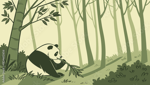 Panda sitting in a forest eating leaves in a cartoon style with trees and green foliage around it