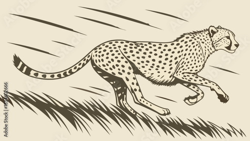 Illustration of a cheetah running through tall grass with speed lines in the background art style