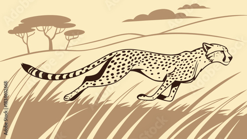 Illustration of a cheetah running through the savanna with trees and hills in the background art