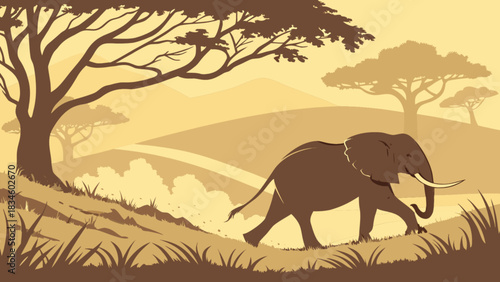Elephant silhouette walking in a savanna landscape with trees and grassy foreground in warm tones