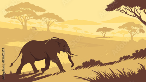 Elephant walking through the savanna landscape with trees and hills in the background at daytime
