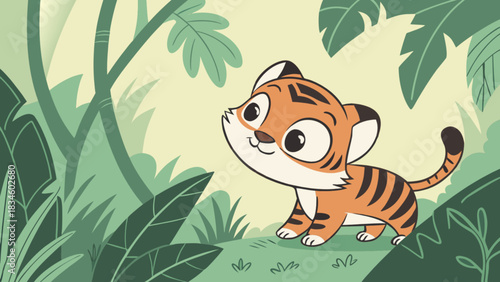 Cartoon tiger cub standing in a lush green jungle environment looking up with a happy expression on its face
