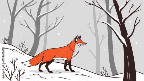 An illustration of a fox standing in a snowy forest with bare trees and falling snow in the background