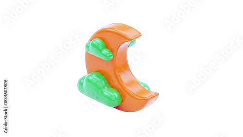 3D Rendered Orange Crescent Moon Shape Adorned With Fluffy Green Clouds Against A Clean White Background Ideal For Celestial And Night Themed Designs
