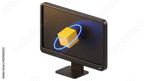 3D Rendering of a Yellow Cube Rotating Inside a Glowing Blue Ring Displayed on a Modern Computer Monitor with a Dark Screen and Subtle Lighting on Black Background