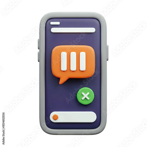 3D Smartphone Display Showing Message Bubble Icon and Notification on Purple Screen with Green Close Button and White Input Field Transparent Background