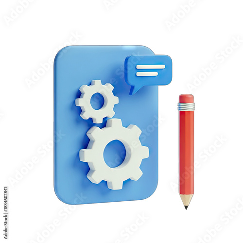 3D Rendering of Interlocking White Gears and a Red Pencil Next to a Blue Speech Bubble on a Transparent Background Symbolizing Process and Communication