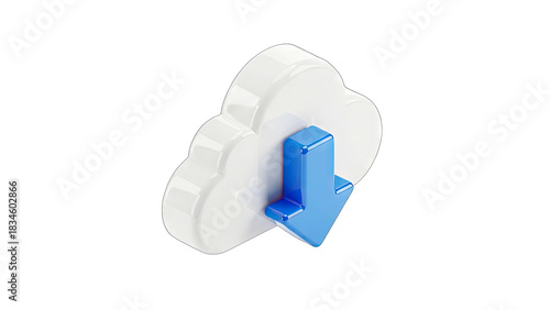 3D White Cloud Icon with Blue Download Arrow on Transparent Background Represents Cloud Storage Data Transfer and Digital Services