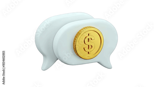 3D White Speech Bubbles With Golden Coin Symbolizing Financial Conversation Or Online Payment On Transparent Background