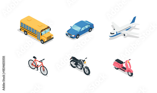Set of six isometric transport modes: bus, car, airplane, bicycle, motorcycle, scooter