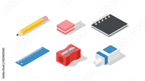 Isometric school supplies: pencil, eraser, notebook, ruler, sharpener