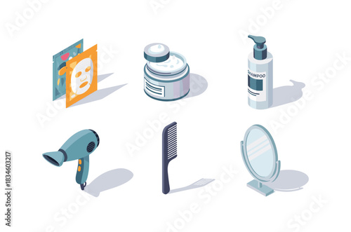 Isometric beauty and grooming essentials on white background