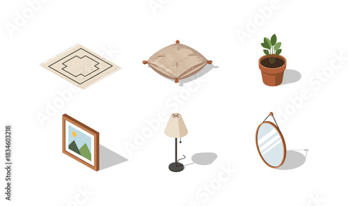 Cozy home decor set: rugs, cushions, plants, wall art, lamps, and mirrors in isometric style