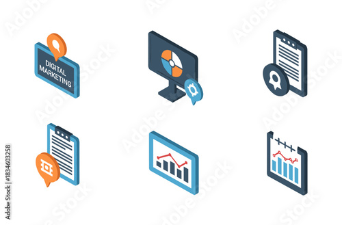 Isometric digital marketing icon set featuring analytics and content management