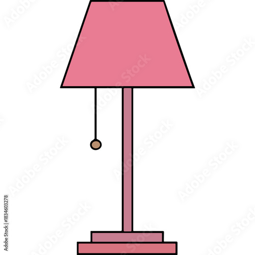 A Tall Pink Table Lamp With A Fabric Shade And A Pull Chain Stands On A Black Background With A Simple Pink Base And A Thin Post.