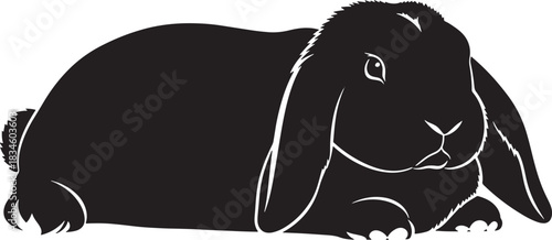 Black rabbit silhouette lying down, isolated on white background