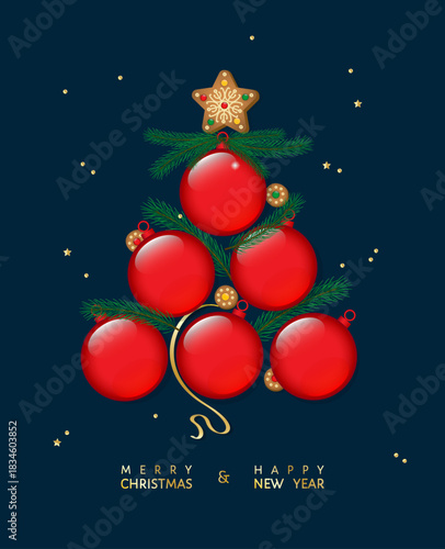 Merry Christmas and Happy new year vector greeting poster with red Christmas balls, fir tree branches, gingerbread cookies aranged in shape of fir tree. Top view table, dark navy blue background