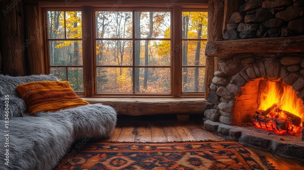 Naklejka premium A warm and inviting autumn scene featuring a crackling fireplace and a beautiful view of colorful trees through expansive windows. Evokes feelings of comfort, warmth, and tranquility.