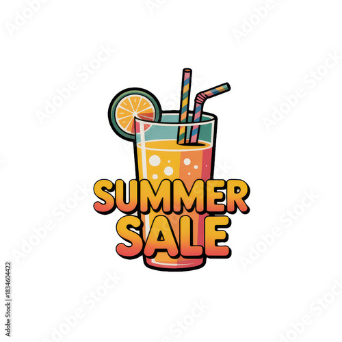 Summer sale graphic featuring citrus drink with straws and bold lettering for tropical seasonal promotion and marketing design