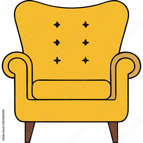 A Vibrant Yellow Armchair with Tufted Accents and Brown Wooden Legs Isolated on a Black Background