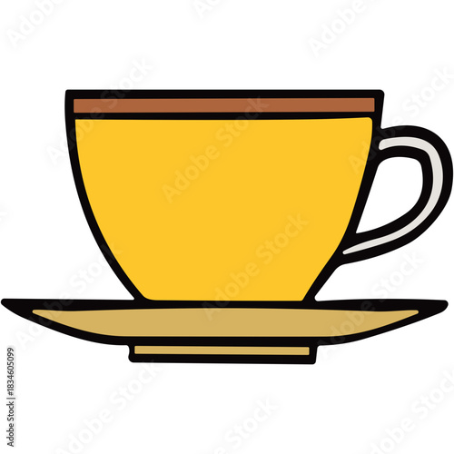 A vibrant yellow teacup and saucer with a brown rim sits against a clean white background, perfect for beverage or cafe themes