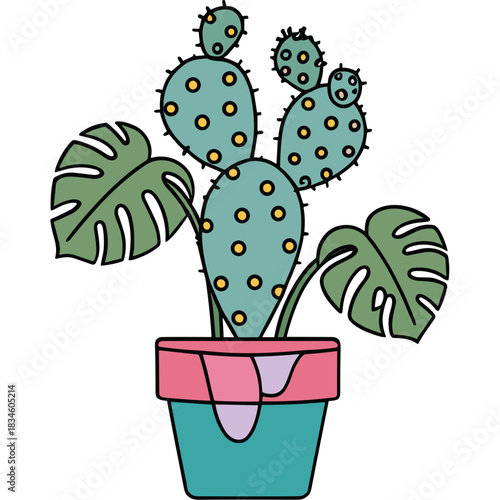 A Whimsical Potted Prickly Pear Cactus With Broad Green Monstera Leaves In A Pink And Teal Planter With Dripping Details And Yellow Polka Dots On The Cactus Pads