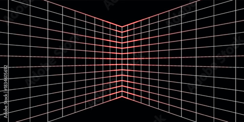 Abstract geometric grid pattern with converging lines on a black background.